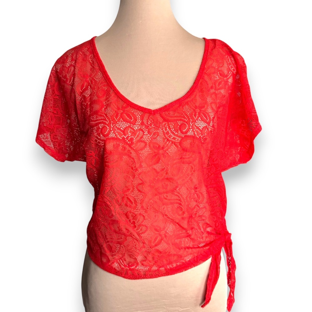 CHARLOTTE RUSSE Red Sheer Lace Tie Side Top XS